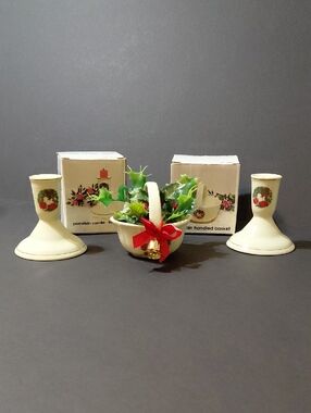 Vintage Porcelain Candle Holders & Handled Basket with Holly Leaves & Berries